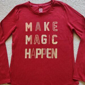 ✨ Girls Size Large (10/12) Long Sleeve Tee – Red with Gold Sparkle
